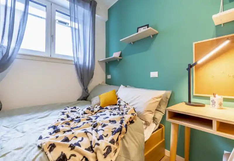Cozy small bedroom with a teal accent wall, comfortable bed dressed with pillows and a patterned throw, a bedside desk with lamp and a window providing natural light.