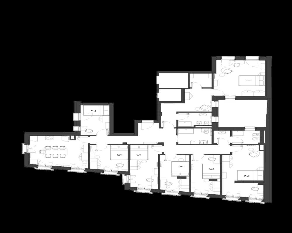 Plan architectural montrant l'agencement de plusieurs pièces, couloirs, salles de bains et une cuisine/salle à manger. Vue en plan noir et blanc utile pour l'orientation et la conception de l'espace.
