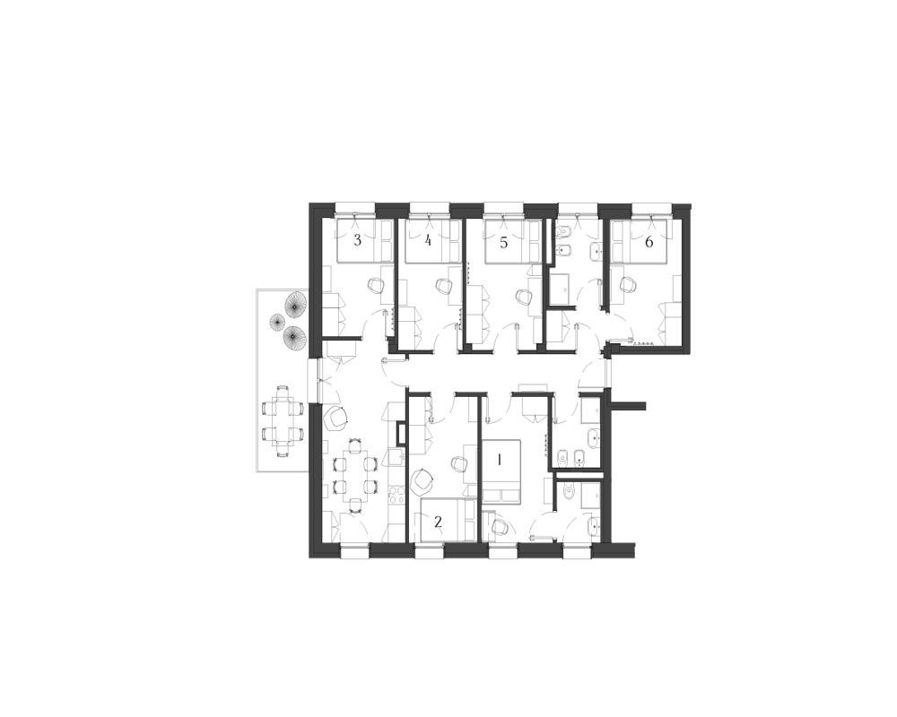 Architectural floor plan showing a detailed layout with numbered rooms, corridors, bathrooms and a terrace — a top-down planimetry useful for apartment listings.