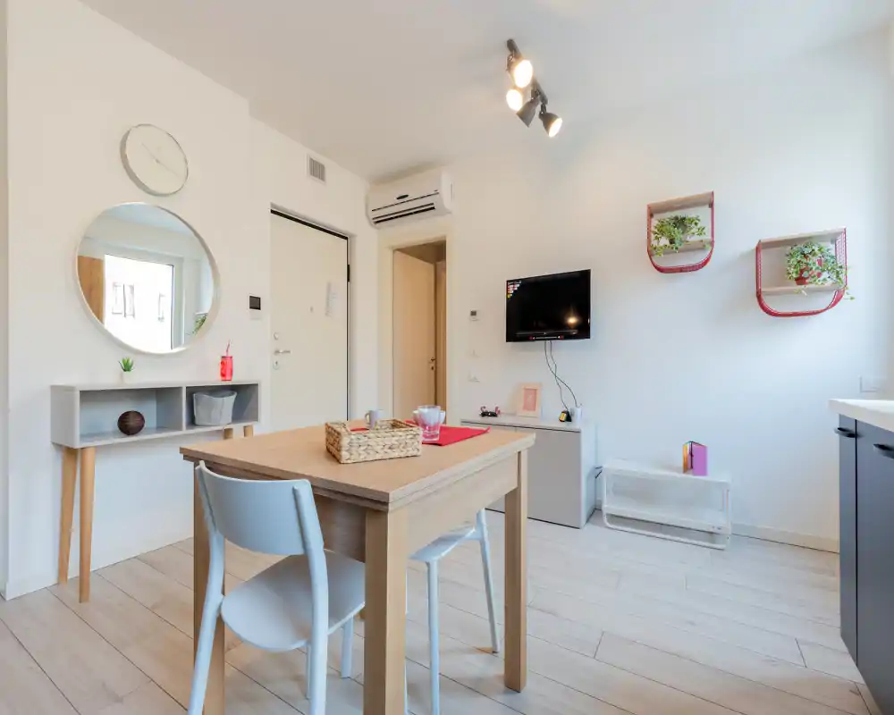 Bright, modern dining area with a wooden table and two chairs, wall-mounted TV and decorative shelves with plants — ideal for a compact apartment.