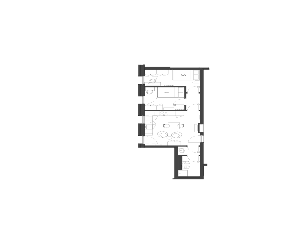 Detailed black-and-white floor plan (planimetry) showing layout of an apartment: entrance, bathroom, kitchen/living area and bedroom — schematic overhead drawing useful for listings and floor layout reference.