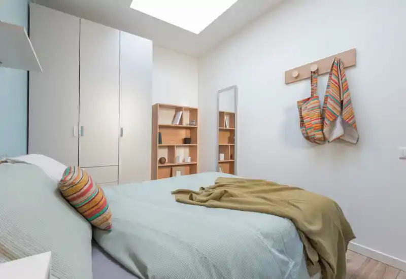 Bright, minimal bedroom with a large bed under a skylight, soft green bedding, colorful accent pillow and a wooden wardrobe and shelving for storage.