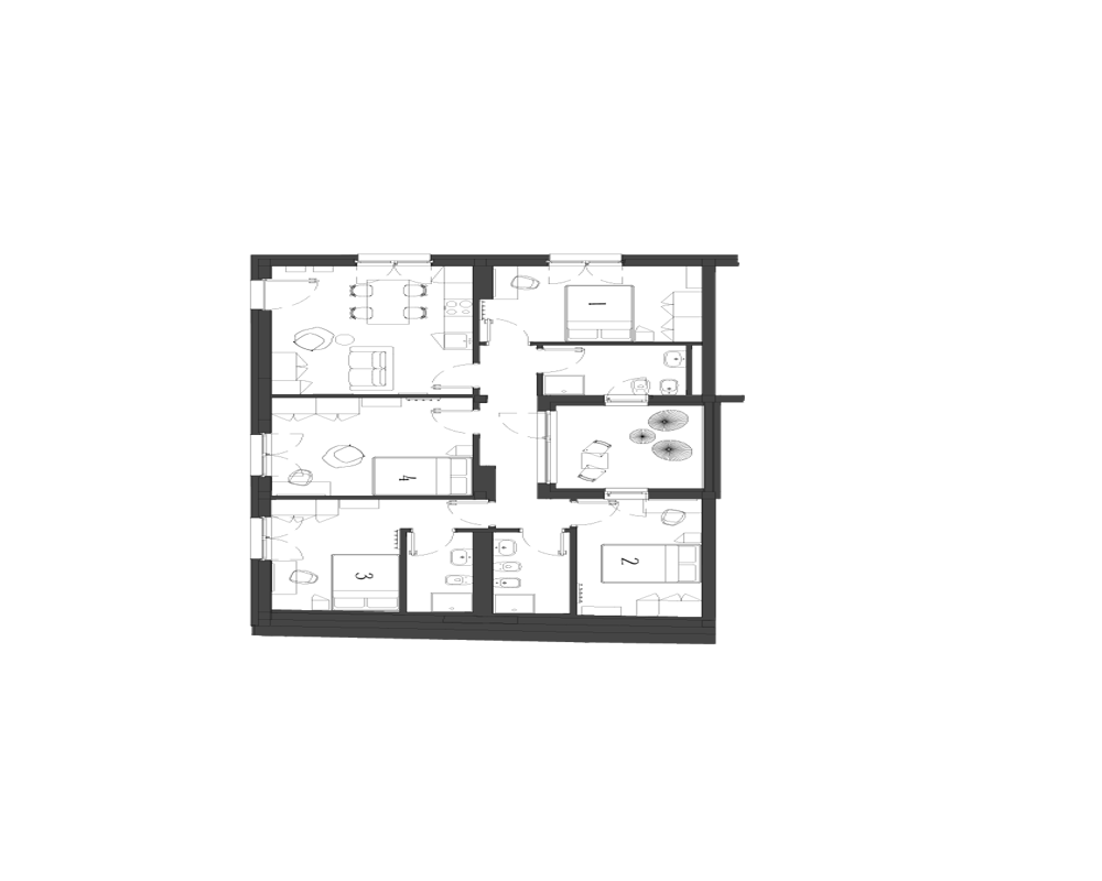 Plano arquitectónico de un apartamento que muestra las habitaciones y la distribución del mobiliario visto desde arriba — imagen de planimetría útil para anuncios.
