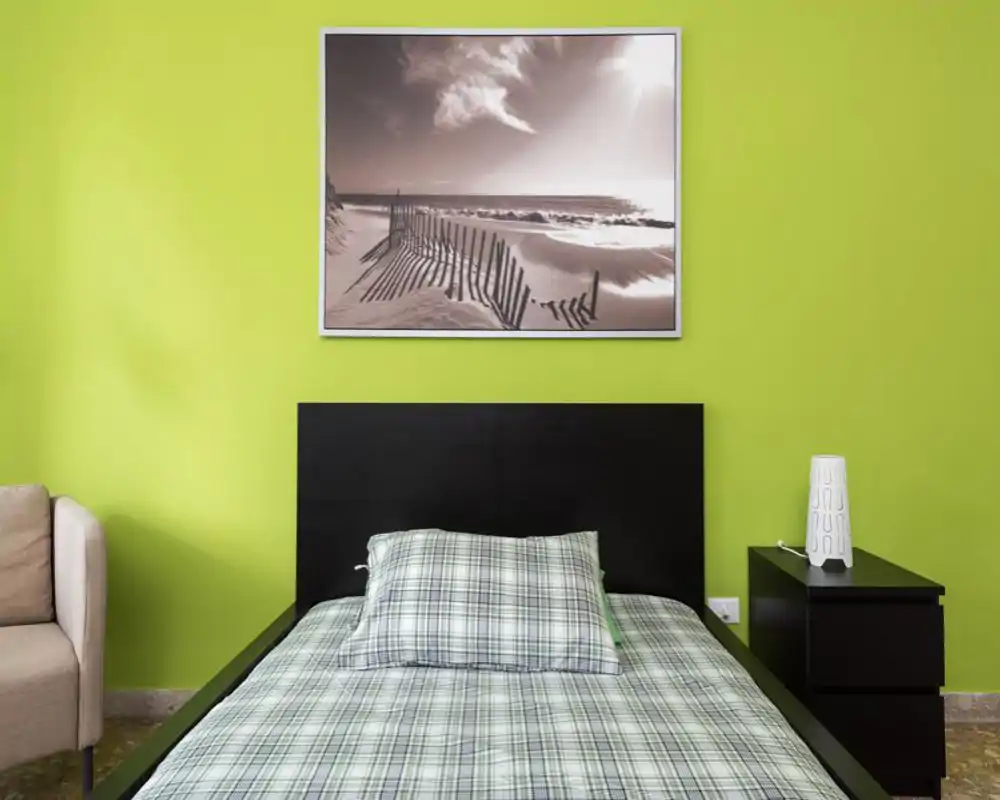 Bright, modern bedroom with a plaid-covered single bed, dark wood headboard and matching nightstand. The lime-green wall and framed beach photo add fresh, contemporary character.