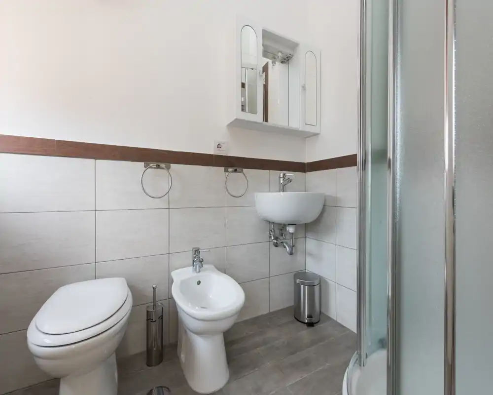Clean modern bathroom with toilet, bidet, wall-mounted sink, mirrored cabinet and a corner shower with frosted glass; neutral tiles and bright, natural lighting.