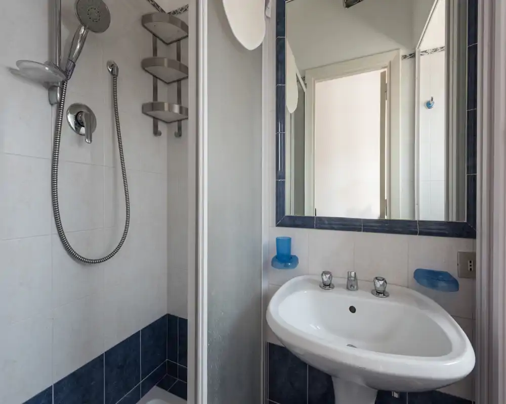 Bagno compatto con doccia ad angolo, specchio a parete e lavabo a colonna; piastrelle blu e sanitari pratici offrono uno spazio pulito e funzionale.