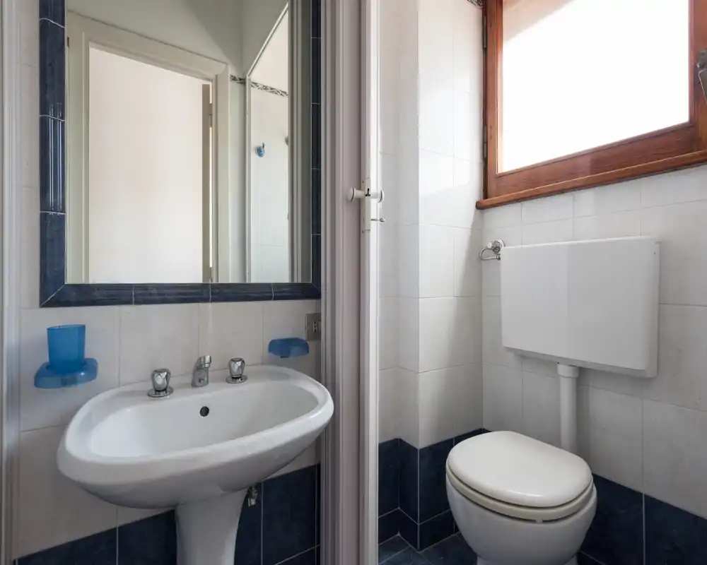 Bagno compatto e luminoso con lavabo a colonna, specchio e WC accanto a una finestra che illumina l'ambiente — semplice e funzionale.