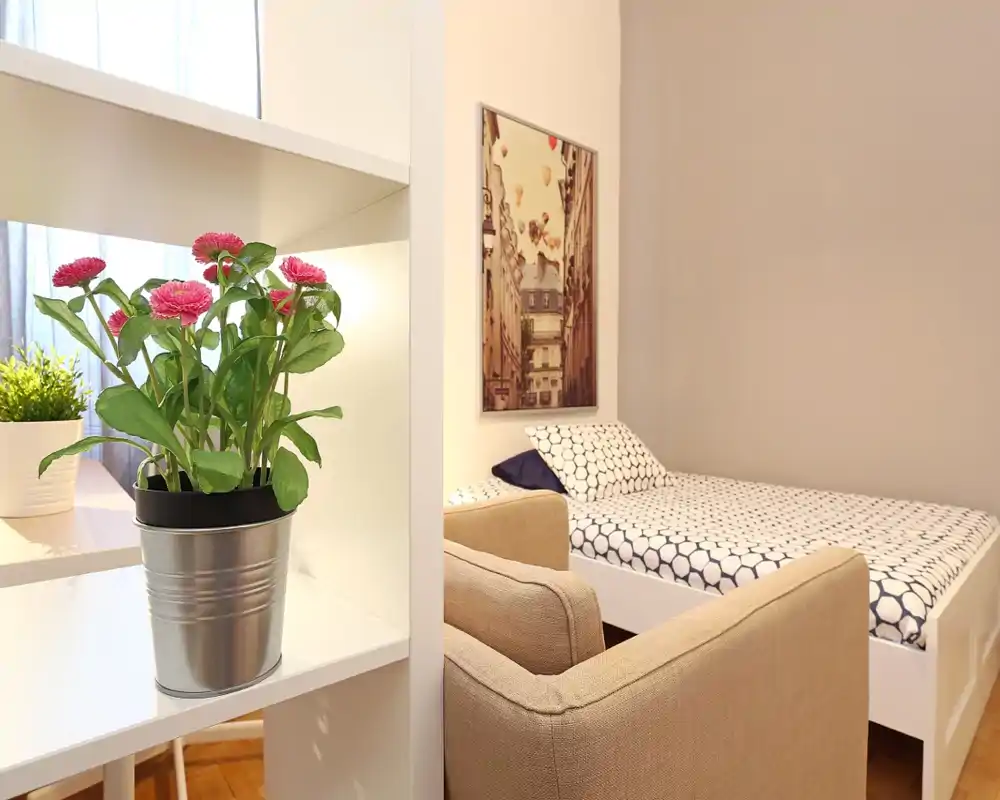 Camera da letto piccola e luminosa con un letto singolo, una poltrona accogliente e piante decorative che creano un'atmosfera invitante.