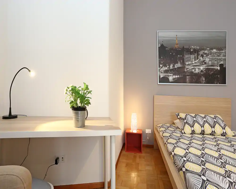 Sunlit modern bedroom with patterned bedding, a wooden bedframe and bedside lamp; a desk with a plant offers a workspace and the framed cityscape adds character.