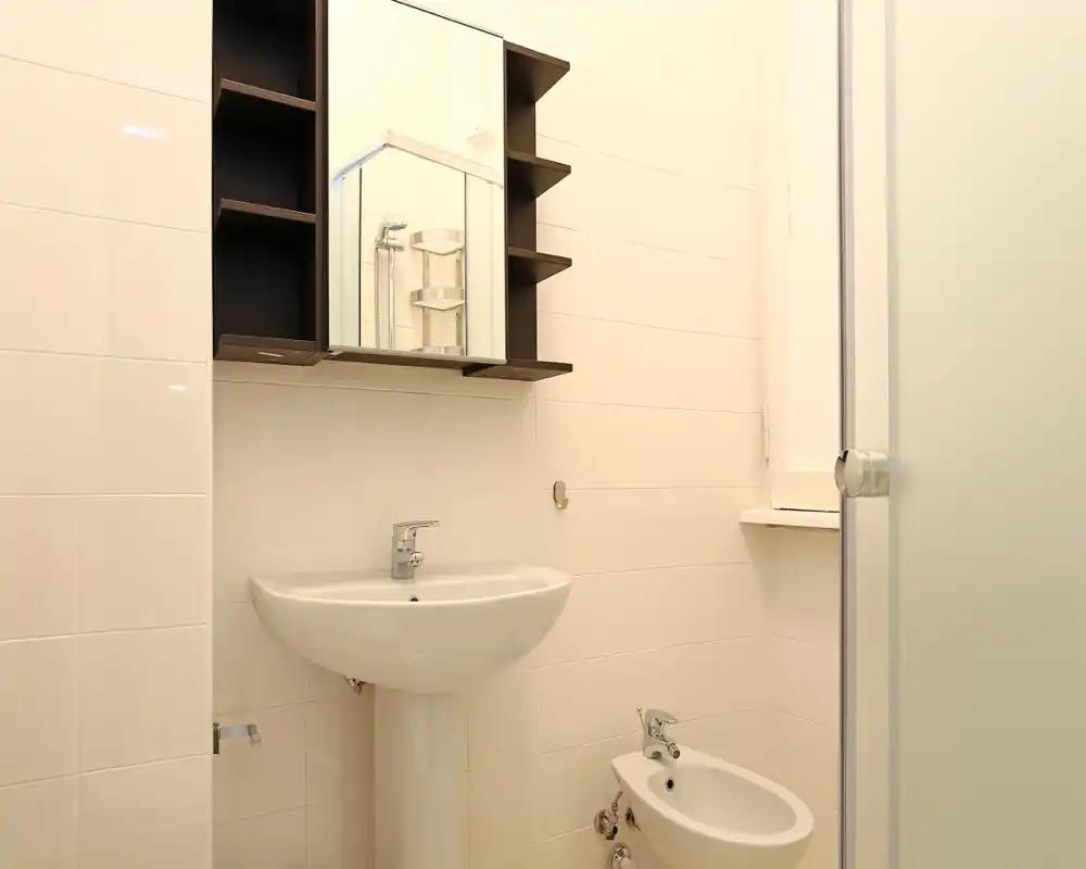 Baño limpio y luminoso con lavabo de pedestal, bidé y armario con espejo; azulejos neutros y puerta de vidrio esmerilado para un aspecto moderno y minimalista.