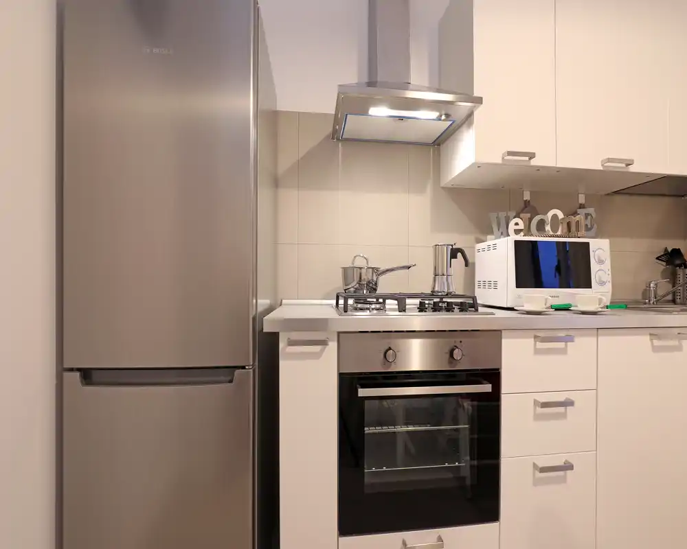 Modern compact kitchen with stainless steel refrigerator, built-in oven, gas hob and microwave. Bright, tidy and equipped for everyday cooking.
