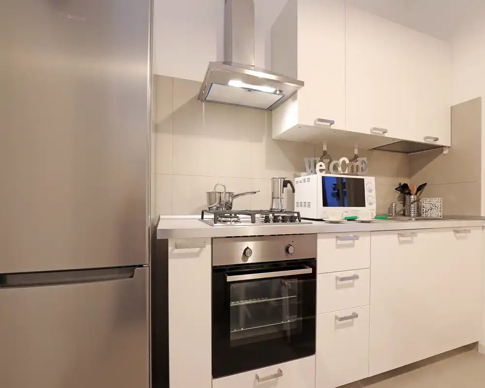 Modern compact kitchen with stainless-steel appliances, built-in oven, gas hob and microwave. Clean white cabinets and subtle decorative touches create a bright, functional cooking space.