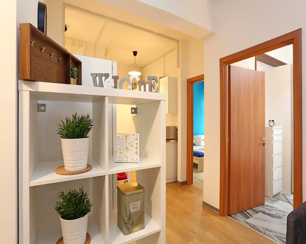 Acogedor recibidor con estantería cúbica blanca, plantas decorativas y suelo de madera cálida; se aprecia el pasillo hacia otras habitaciones y transmite una impresión inicial ordenada.