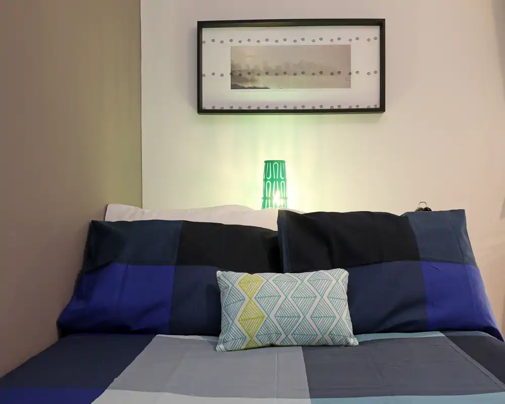 Scatto luminoso di una camera da letto con un letto matrimoniale ordinato, cuscini decorativi e una lampada sul comodino sotto un quadro incorniciato.