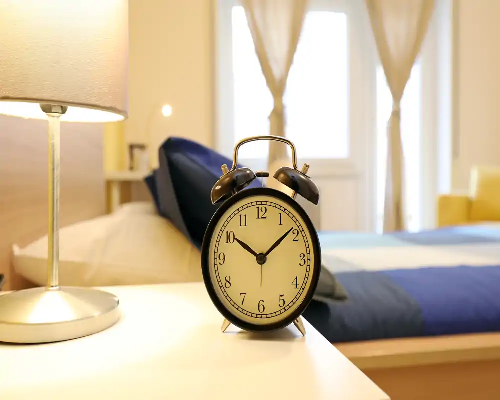 Chambre lumineuse et soignée avec table de chevet, lampe et réveil au premier plan ; lumière naturelle douce et linge de lit bleu pour une ambiance chaleureuse.