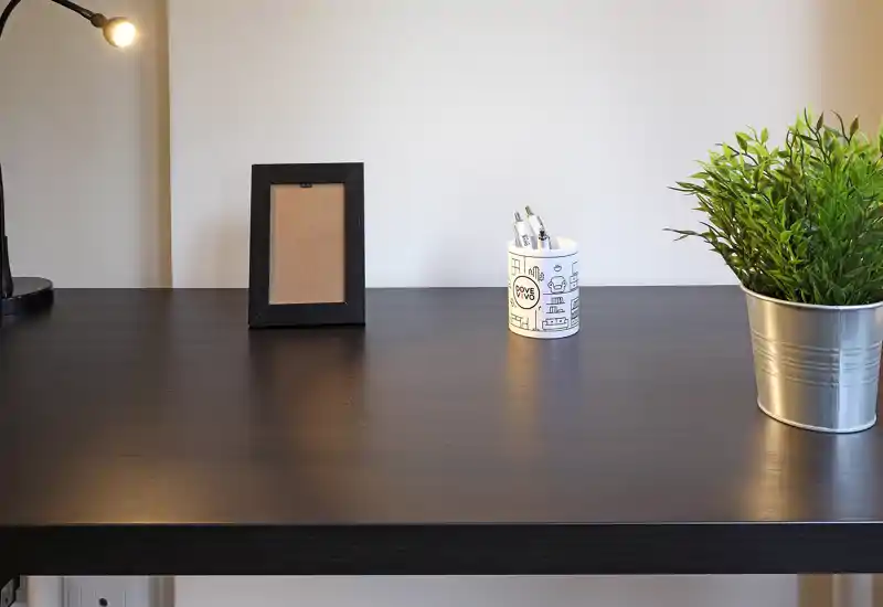 A tidy dark-wood desk surface styled with a small lamp, empty photo frame, pen holder and a potted plant — a minimal, well-lit workspace vignette.