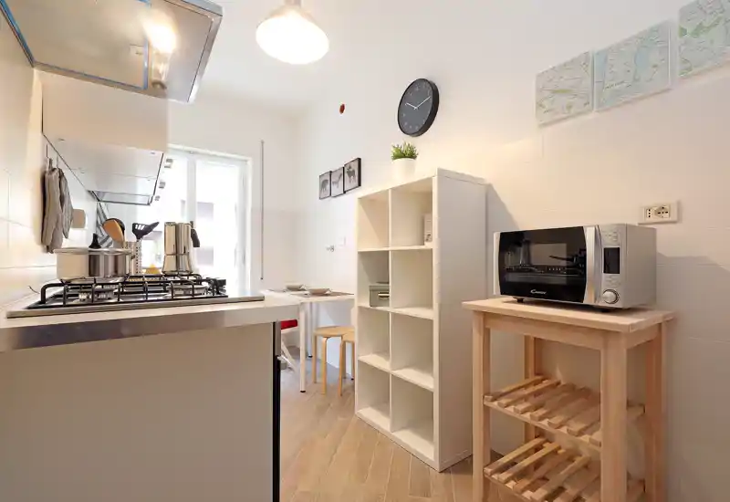 Bright, modern kitchen with a gas cooktop, stainless steel hood, countertop appliances and open shelving; warm wood flooring and simple decor create a welcoming, functional space.
