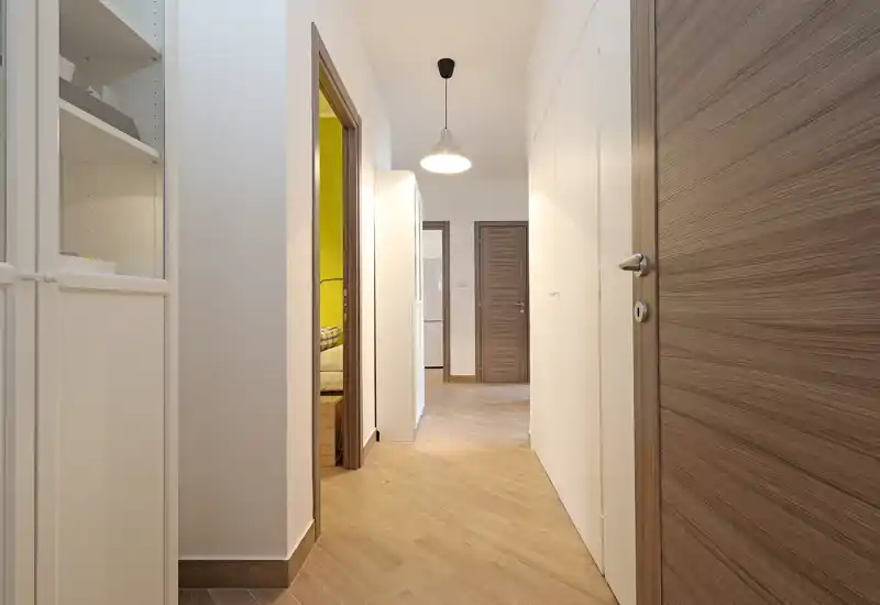 Bright modern hallway with wooden flooring, white walls and multiple doorways leading to other rooms; clean minimalist styling ideal for an apartment entrance.