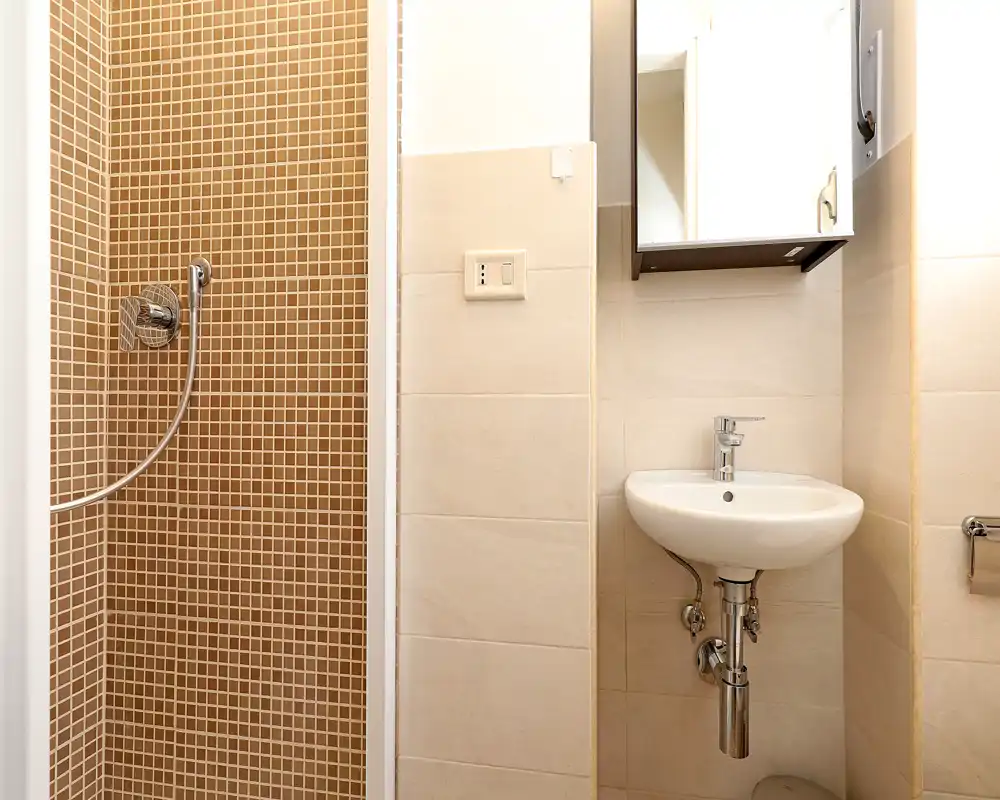 Compact, modern bathroom with a corner shower featuring small brown mosaic tiles, a wall-mounted sink and mirrored cabinet — bright and clean.