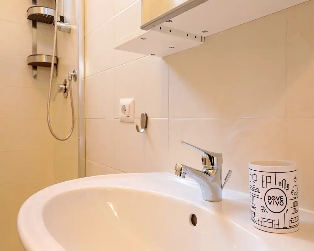 Clean, modern bathroom sink with chrome faucet and a nearby showerhead; light neutral tiles and simple accessories create a fresh, well-lit space.