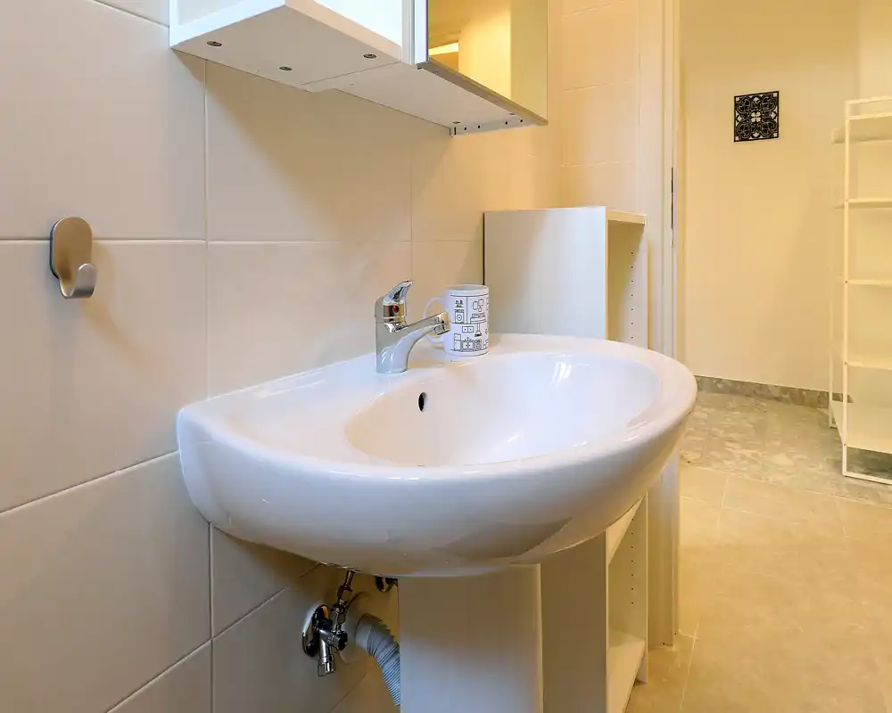 Clean, modern bathroom sink with chrome faucet, tiled walls and neutral floor — bright and well maintained.