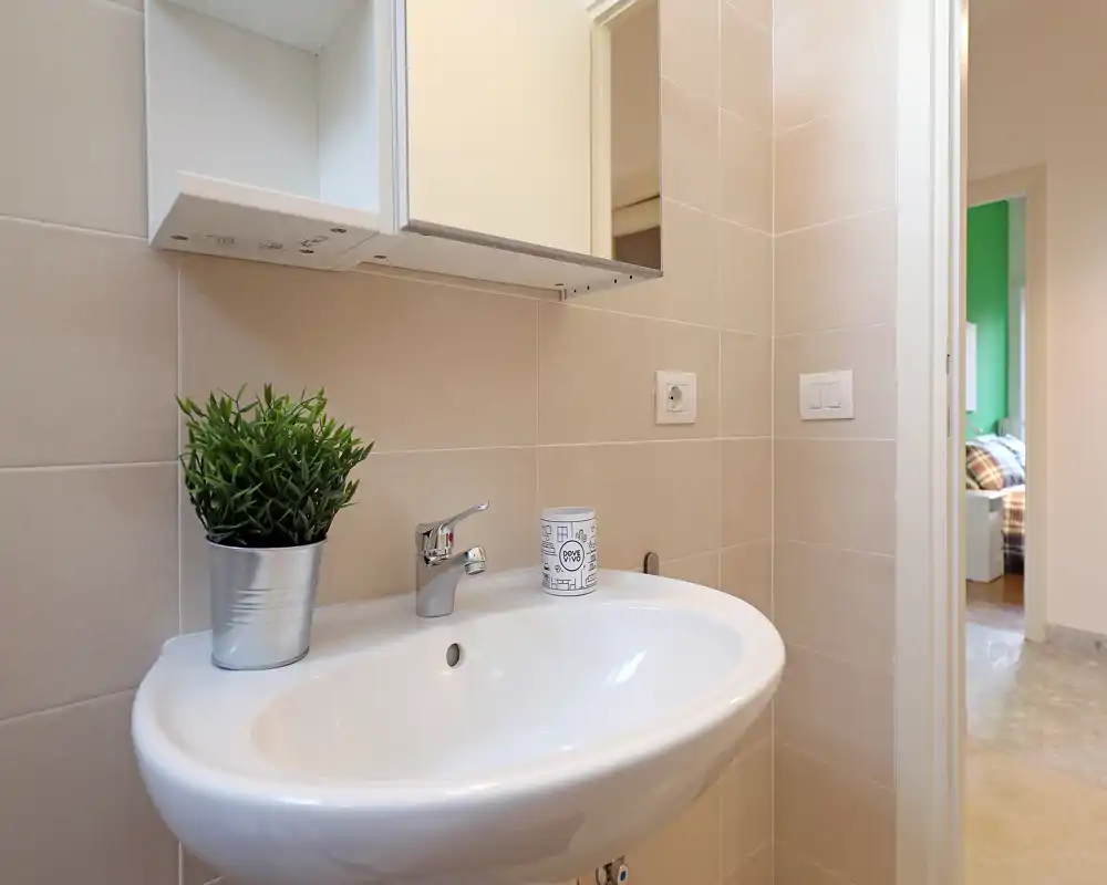 Lavabo compacto y moderno con mueble espejo, grifo cromado y azulejos beige neutros. Una planta pequeña y un dispensador aportan un toque ordenado y fresco.