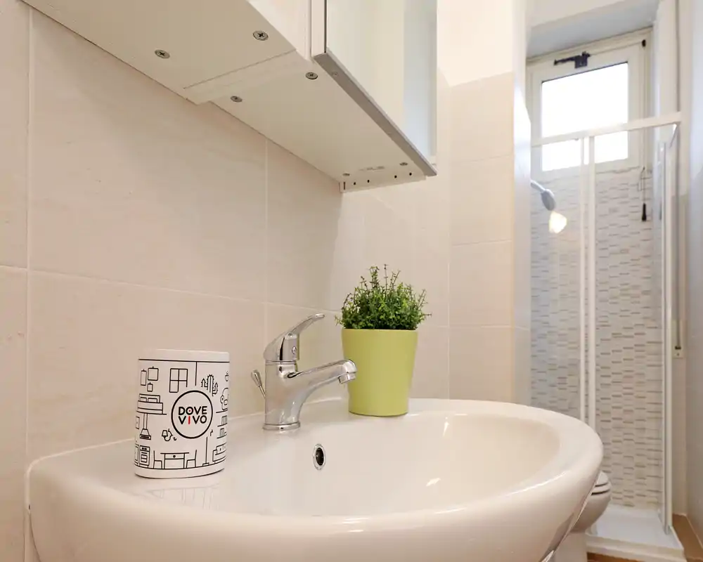 Compact, well-lit bathroom with a modern sink and visible shower cubicle; light tiles and a small decorative plant add freshness.