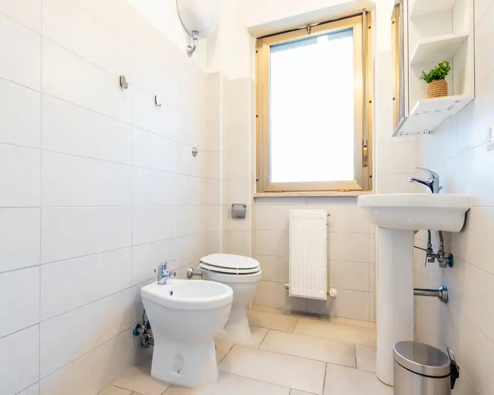 Bright, clean bathroom with toilet, bidet and pedestal sink; neutral tile and a window providing natural light.