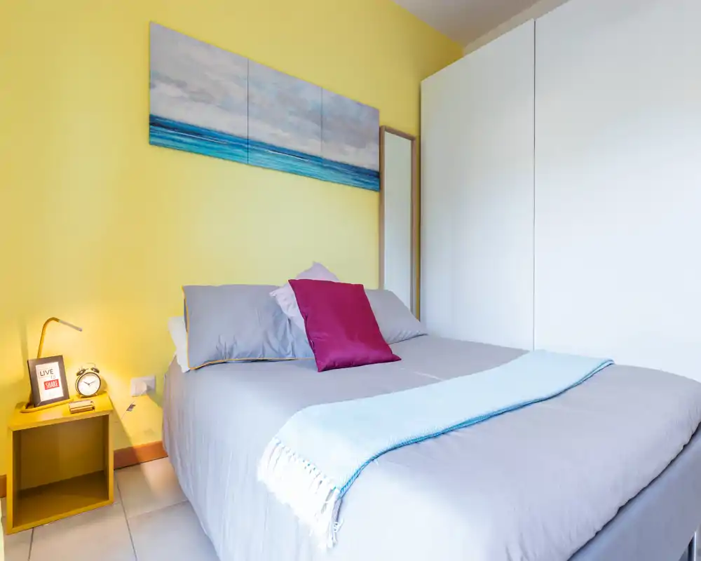 Bright, well-styled bedroom with a neatly made double bed, colorful cushion and wall art; ideal for rental photos emphasizing comfort and clean design.