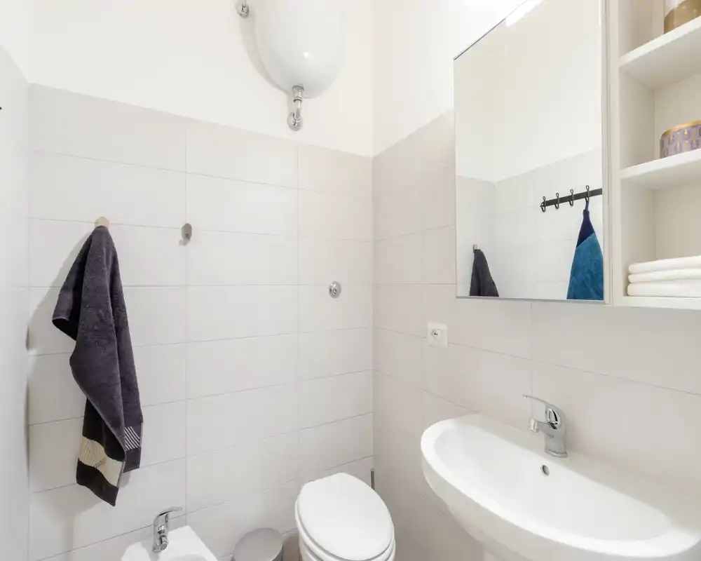 Compact, modern bathroom with a wall-mounted mirror, sink, bidet, and toilet. Light neutral tiles and tidy towels give a fresh, clean look.