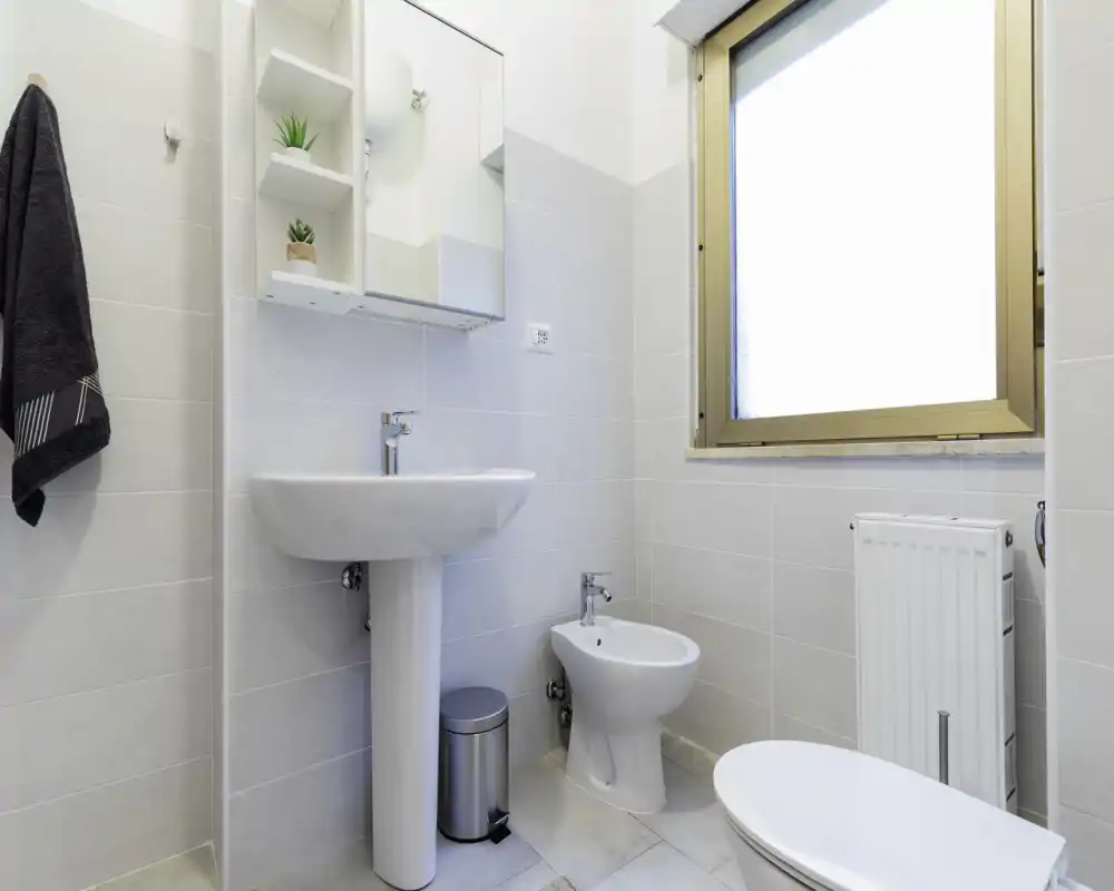 Clean, modern bathroom with a pedestal sink, bidet and toilet, bright natural light from a frosted window and neutral tile finish.