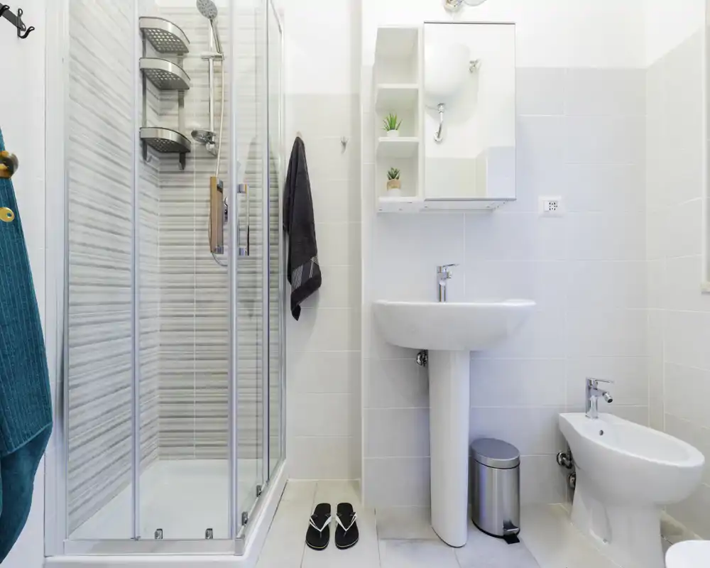 Bright, modern bathroom with a glass shower enclosure, pedestal sink, bidet and wall-mounted mirrored cabinet. Clean white tiles and minimalist accessories create a fresh, functional space.
