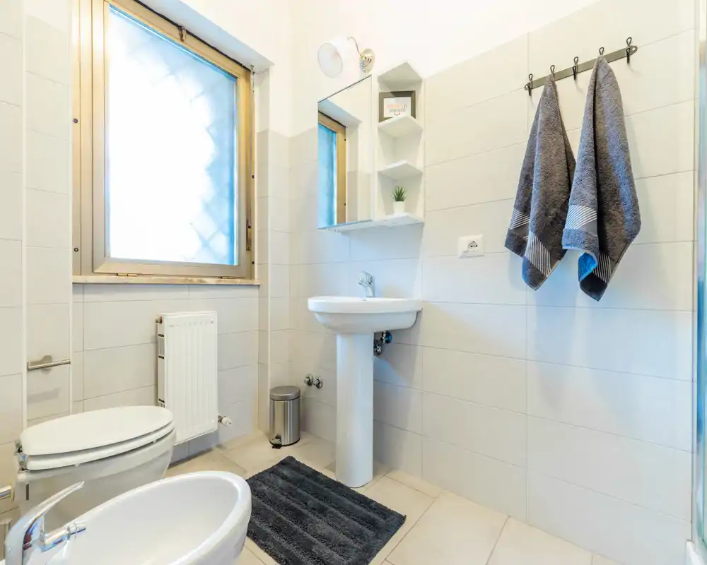 Bagno pulito e luminoso con lavabo a colonna, bidet, WC, appendini per asciugamani e finestra satinata che fornisce luce naturale.