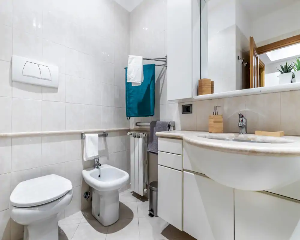 Bright, modern bathroom with toilet, bidet, sink and large mirror; clean white tiles and contemporary fixtures create a fresh, functional space.