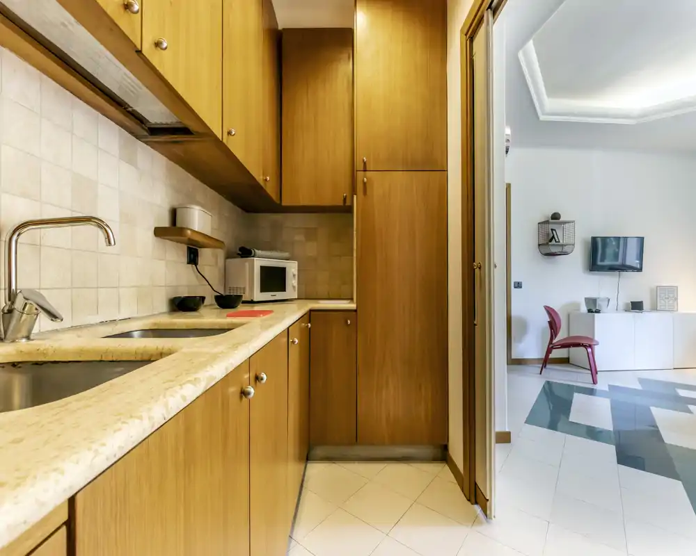Cocina compacta y bien equipada con muebles de madera, encimera de piedra, fregadero y microondas; iluminación clara y superficies ordenadas que crean un espacio acogedor junto al salón.