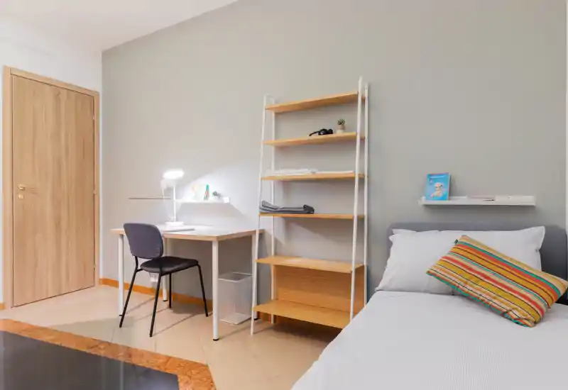 Bright, tidy bedroom with a single bed, colorful cushion and a compact desk with lamp — ideal for a student or individual. Clean lines, neutral wall and wooden shelving create a calm, functional space.