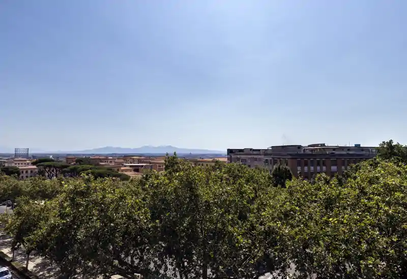 Vue extérieure ensoleillée depuis un balcon/terrasse sur les cimes d'arbres, des bâtiments urbains et des collines lointaines par une journée claire.