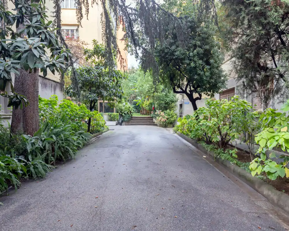Cortile lastricato con alberi maturi e aiuole che conducono a un ingresso rialzato; il verde curato crea un accesso esterno tranquillo.