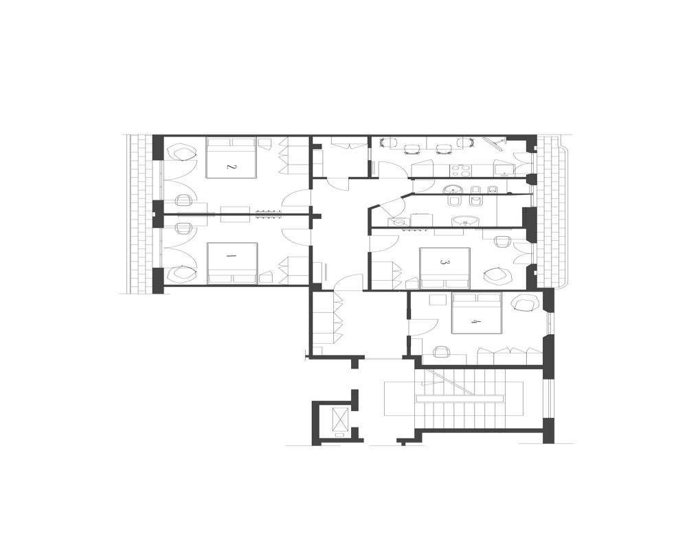 Plano arquitectónico sobre fondo negro que muestra la distribución del apartamento con varias habitaciones, baños, cocina y espacios de circulación — una vista técnica (planimetría), no una fotografía de la estancia.