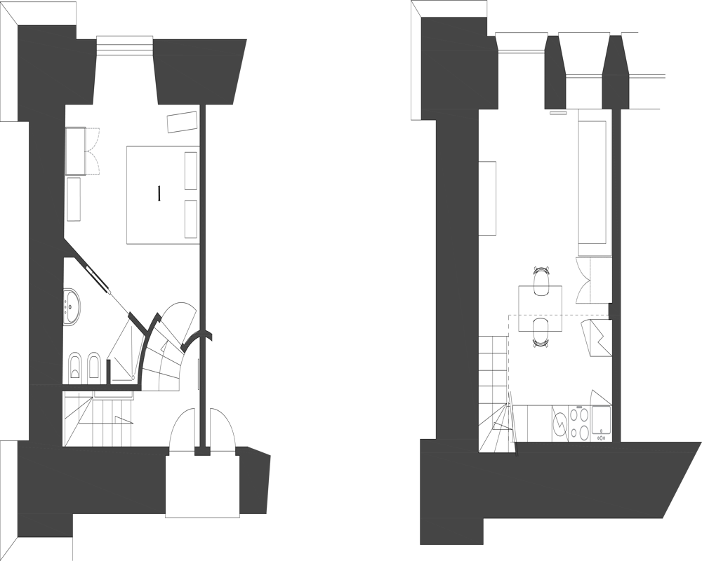 Planta arquitectónica en blanco y negro que muestra dos niveles de un pequeño apartamento con escalera, un dormitorio y una zona de estar/cocina; vista en planta de estilo vectorial.