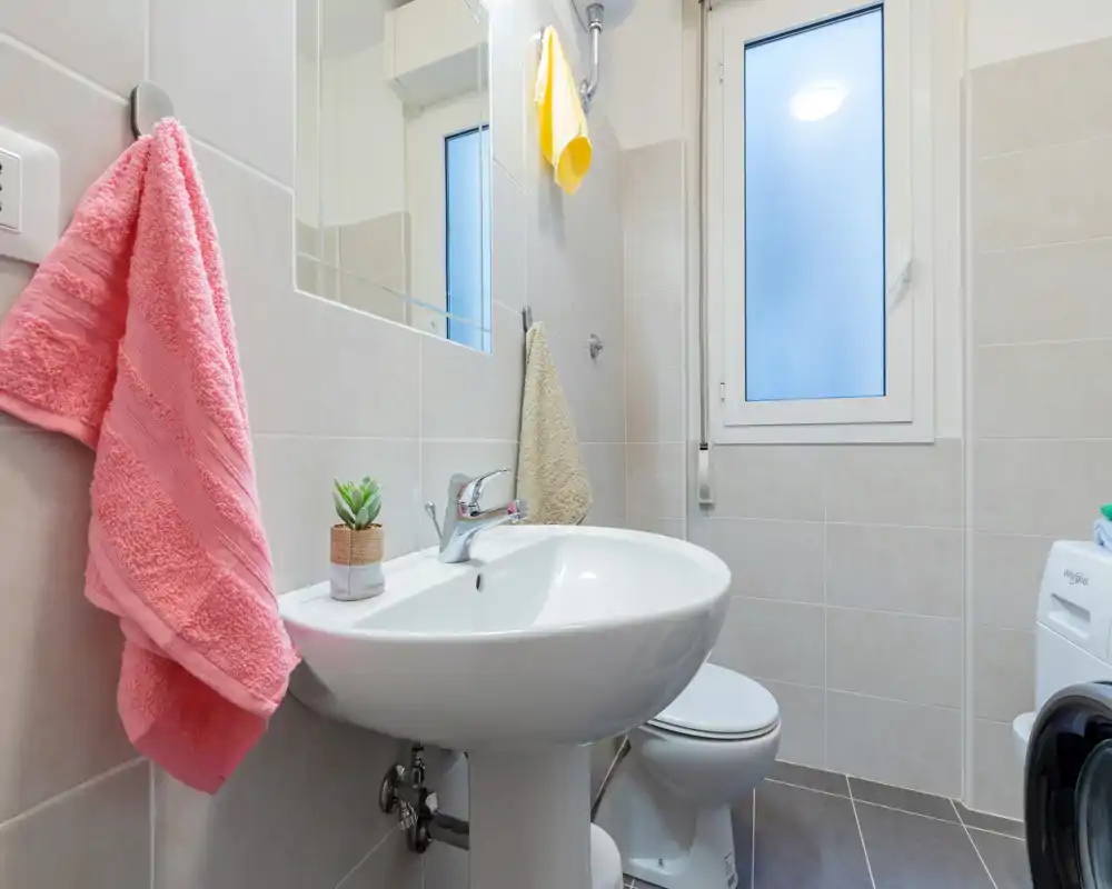 Bagno moderno e luminoso con lavabo a colonna, WC, finestra satinata e asciugamani colorati. Piastrelle pulite e disposizione compatta ideale per un piccolo appartamento.