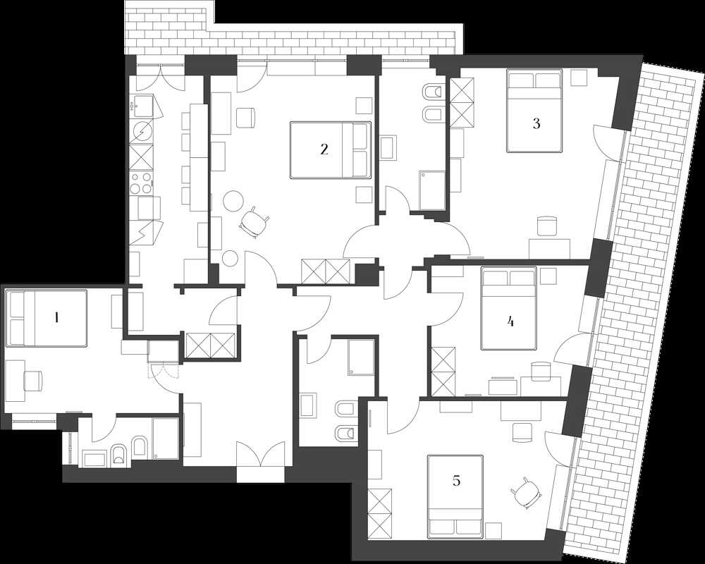 Pianta architettonica in bianco e nero che mostra la disposizione di più stanze, porte, bagni e un balcone; vista in pianta utile per comprendere la circolazione e l'organizzazione dell'appartamento.