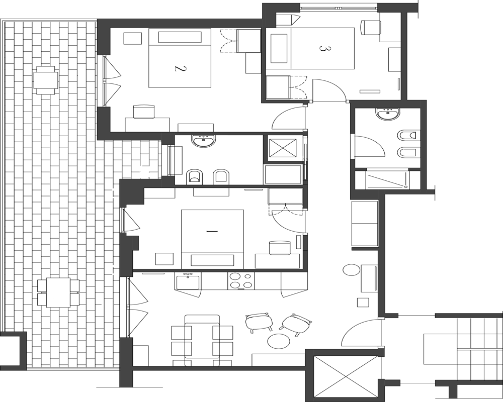 Pianta architettonica dall'alto che mostra più stanze (soggiorno/cucina, due camere, bagni e terrazza). Si tratta di una planimetria schematica, non di una fotografia di una singola stanza.
