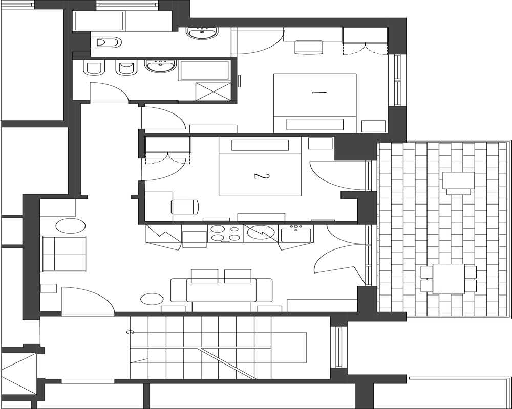 Architectural floor plan / planimetry showing layout of rooms, furniture symbols and a balcony — suitable for listing floor plans and property overviews.