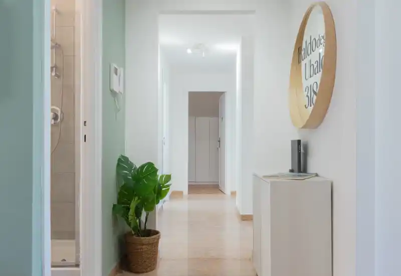 Bright, minimal entrance hallway with light floors, a wall mirror, a small console and a potted plant creating a welcoming first impression.