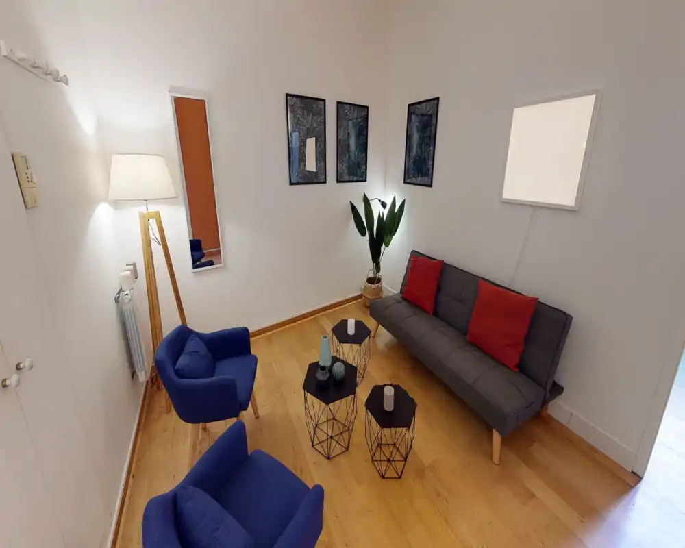 Salon lumineux et élégant avec un canapé gris, deux fauteuils bleus, coussins décoratifs et une plante en pot. Trois tables basses géométriques et des tableaux muraux offrent une ambiance cosy et soignée.