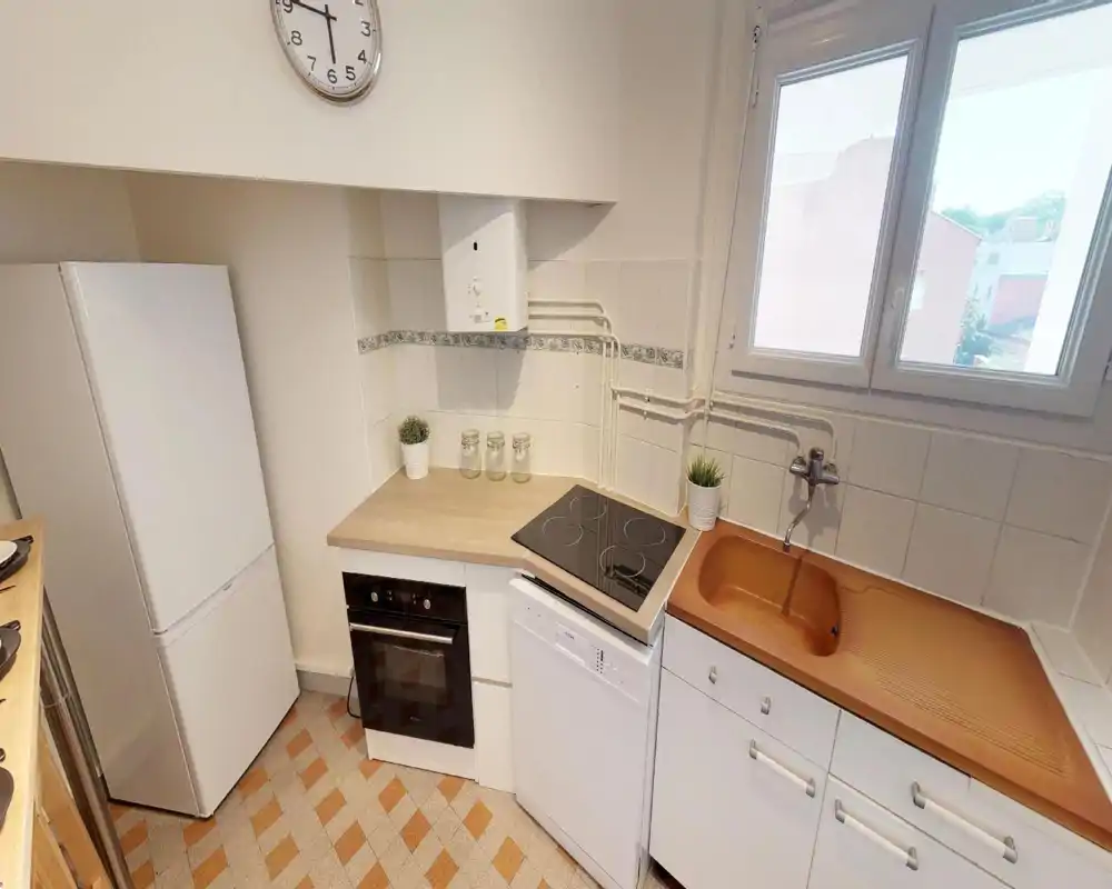 Compact, well-lit kitchen with electric hob, built-in oven, dishwasher and a large refrigerator. Warm-toned sink and potted plants give a homely touch while the window provides natural light.