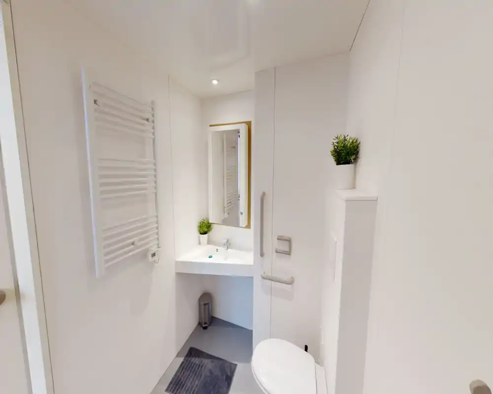 Baño luminoso y compacto con radiador de pared, lavabo con espejo y WC. Diseño minimalista y limpio con pequeñas plantas y barras de apoyo.