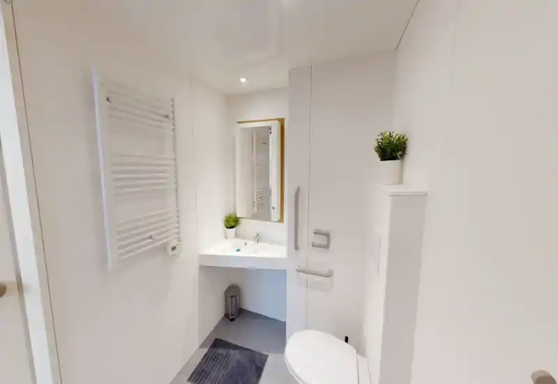 Baño luminoso y compacto con radiador de pared, lavabo con espejo y WC. Diseño minimalista y limpio con pequeñas plantas y barras de apoyo.