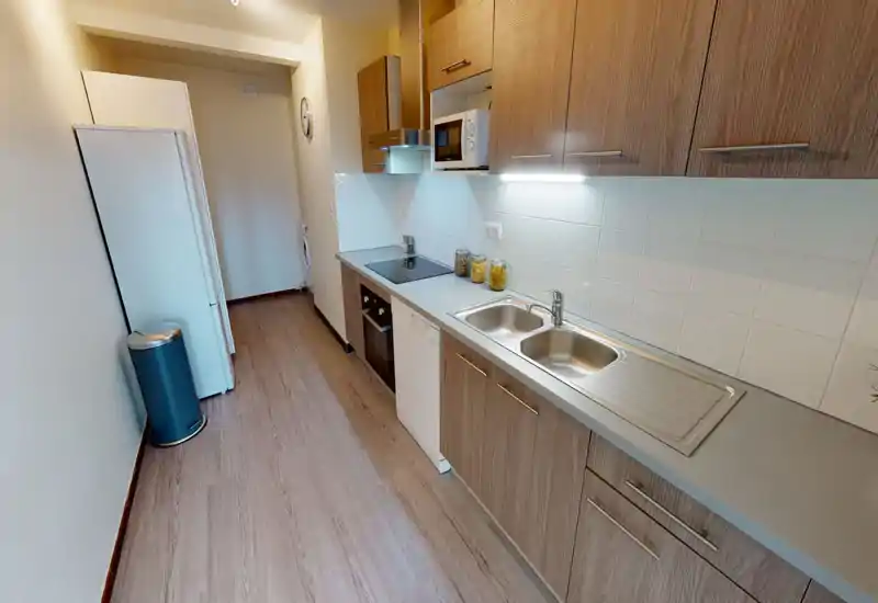 Cucina a corridoio moderna con pensili effetto legno, forno e piano cottura integrati, doppio lavello e lavastoviglie; luminosa, pulita e funzionale per appartamenti compatti.